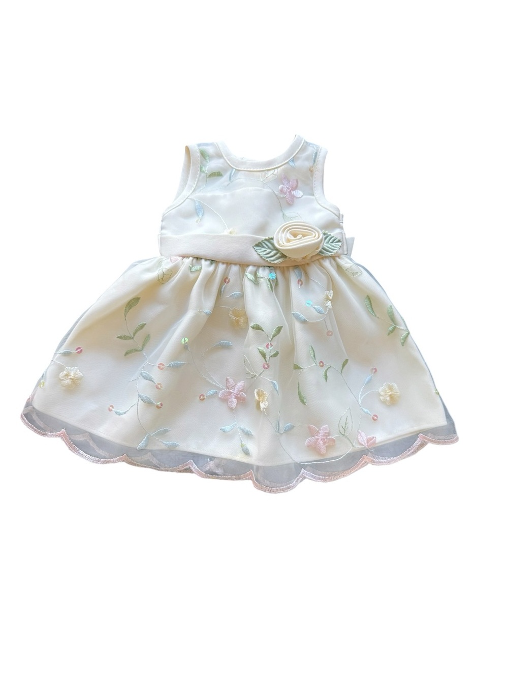 Ivory Floral Embroidered Doll Dress with Rosette